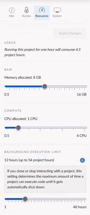 Screenshot showing the project resources settings in Posit Cloud