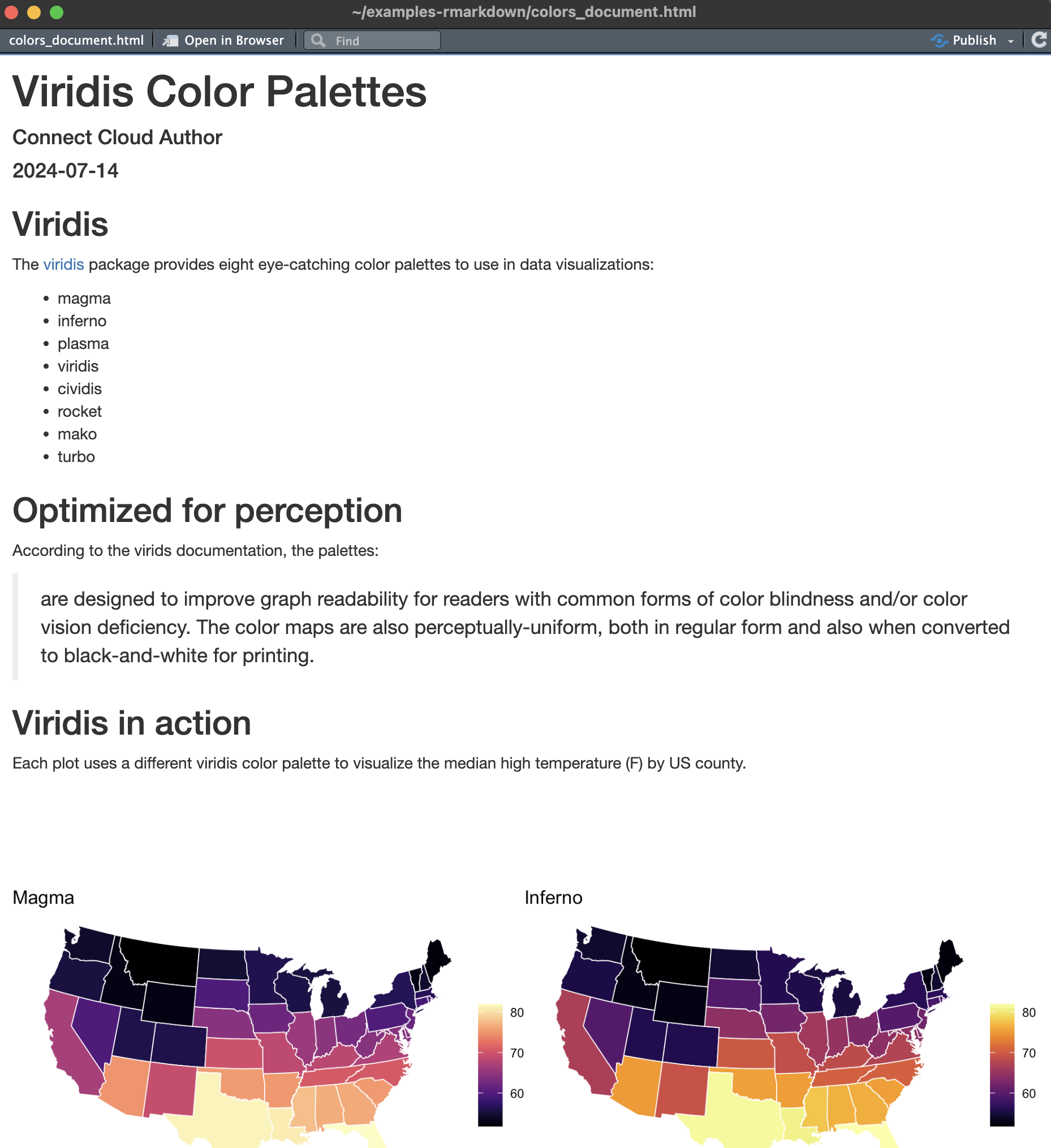 A rendered R Markdown document titled Viridis Color Palettes, with a palette list and maps of United States high temperatures