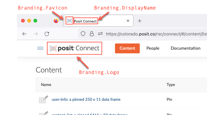 Example of Posit Connect Dashboard Customization, showing locations of favicon, display name, and logo usage.