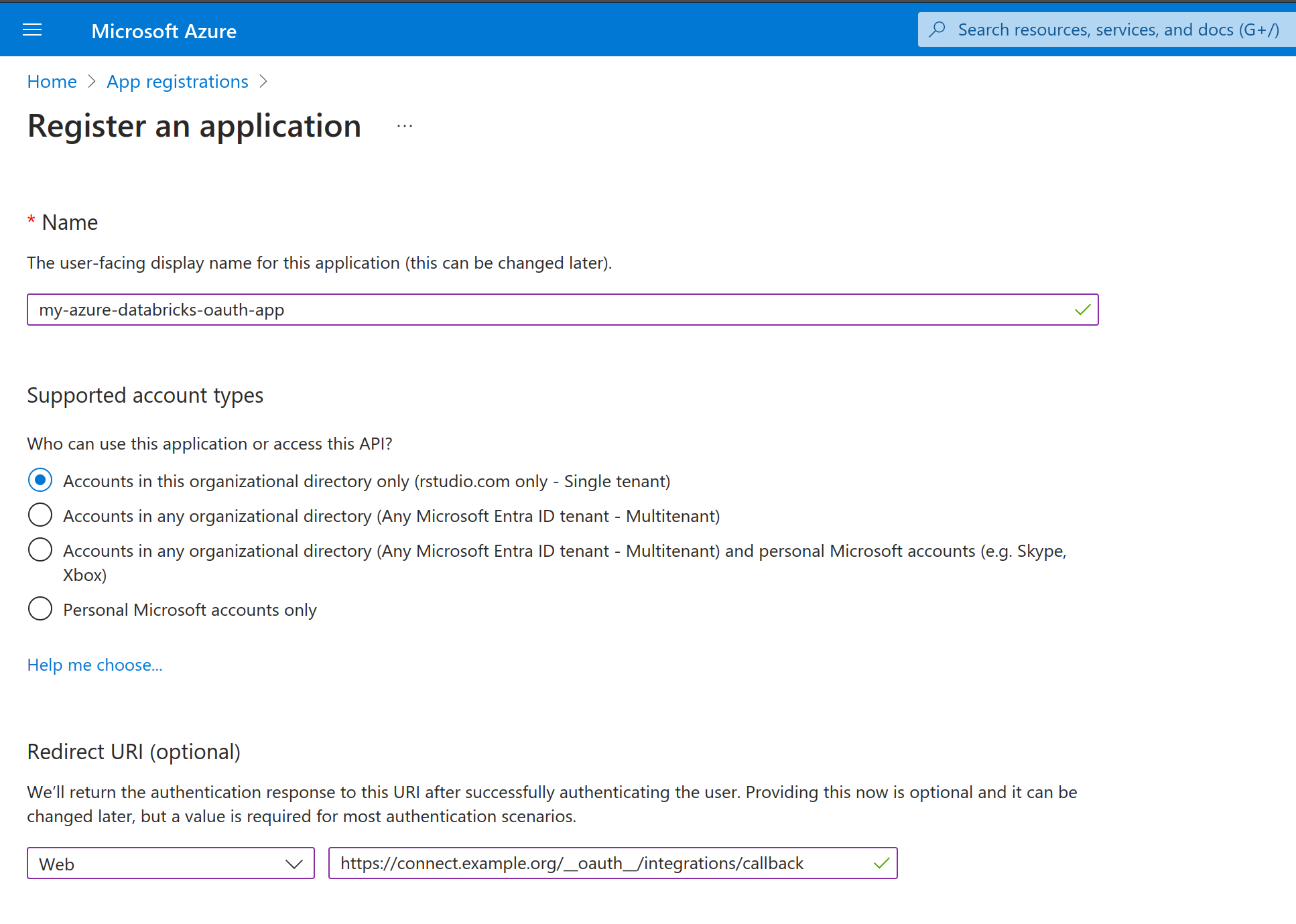 The Register OAuth App page of the Azure Console.