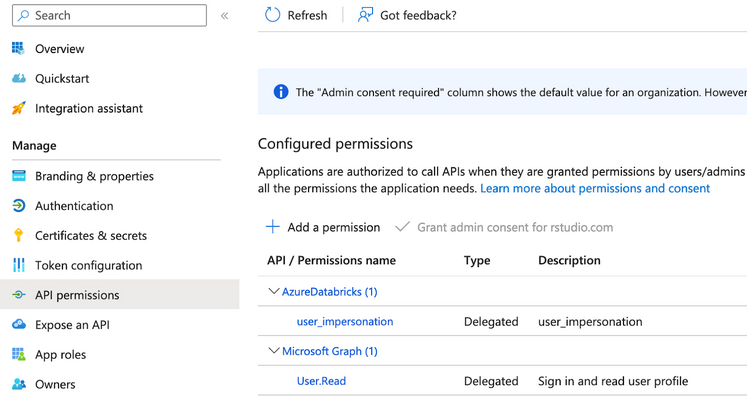 The API Permissions section of the Azure Console with an added permission for `AzureDatabricks/user_impersonation`.