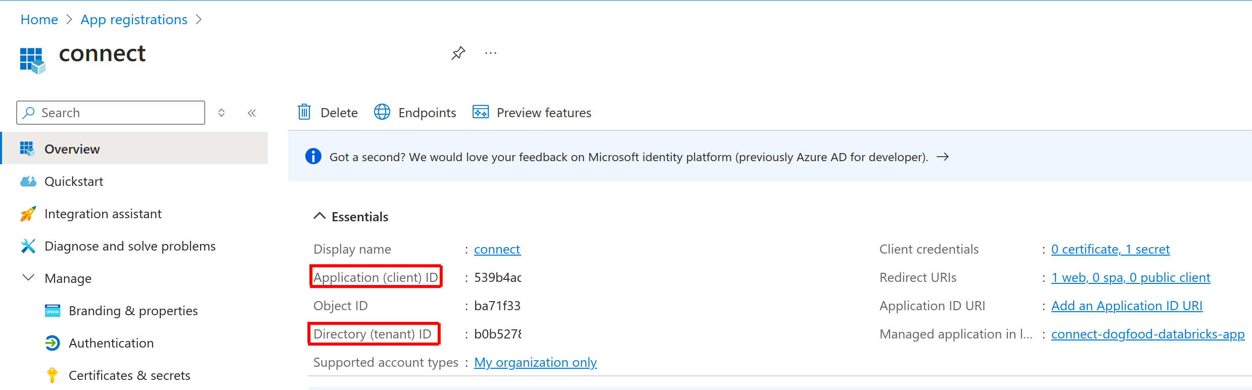 Copy tenant ID and client ID.