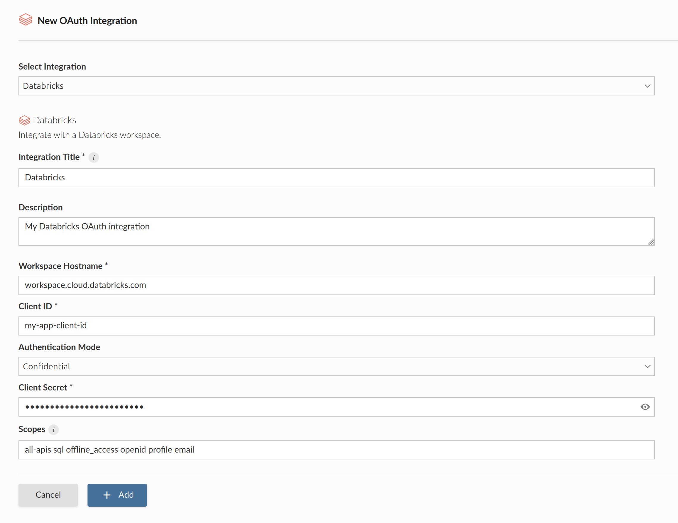 Create Databricks OAuth integration.