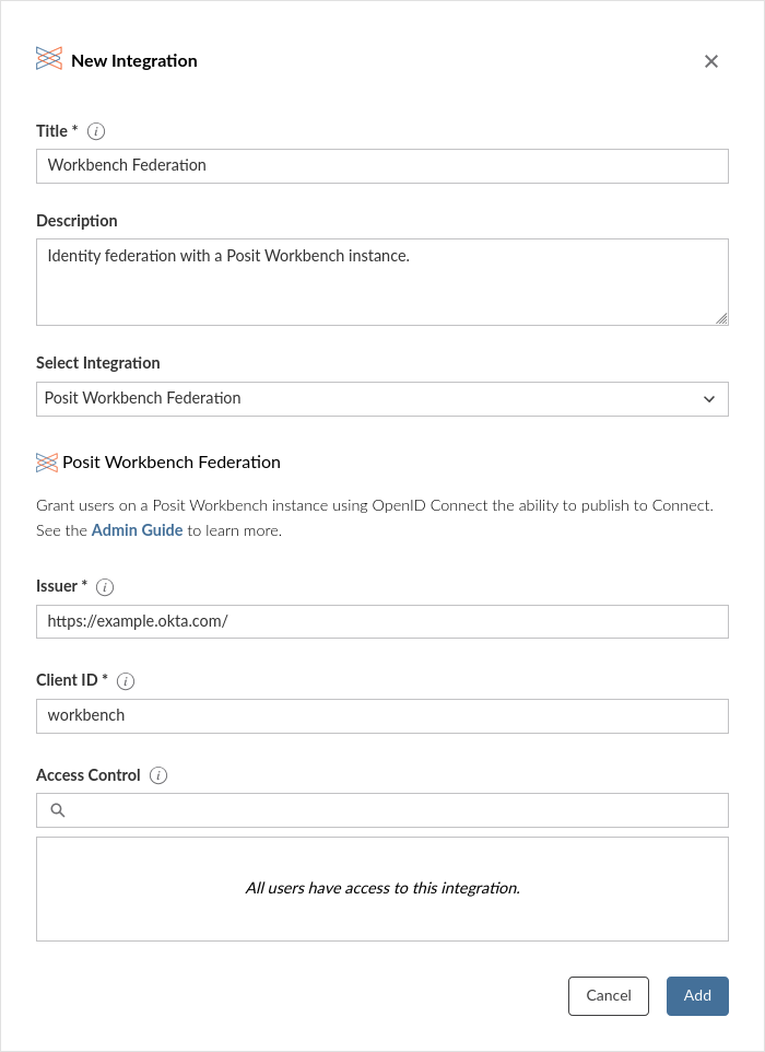 Create a Posit Workbench federation integration.