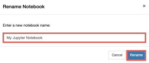The Rename Notebook window is shown and it also highlights the Rename button