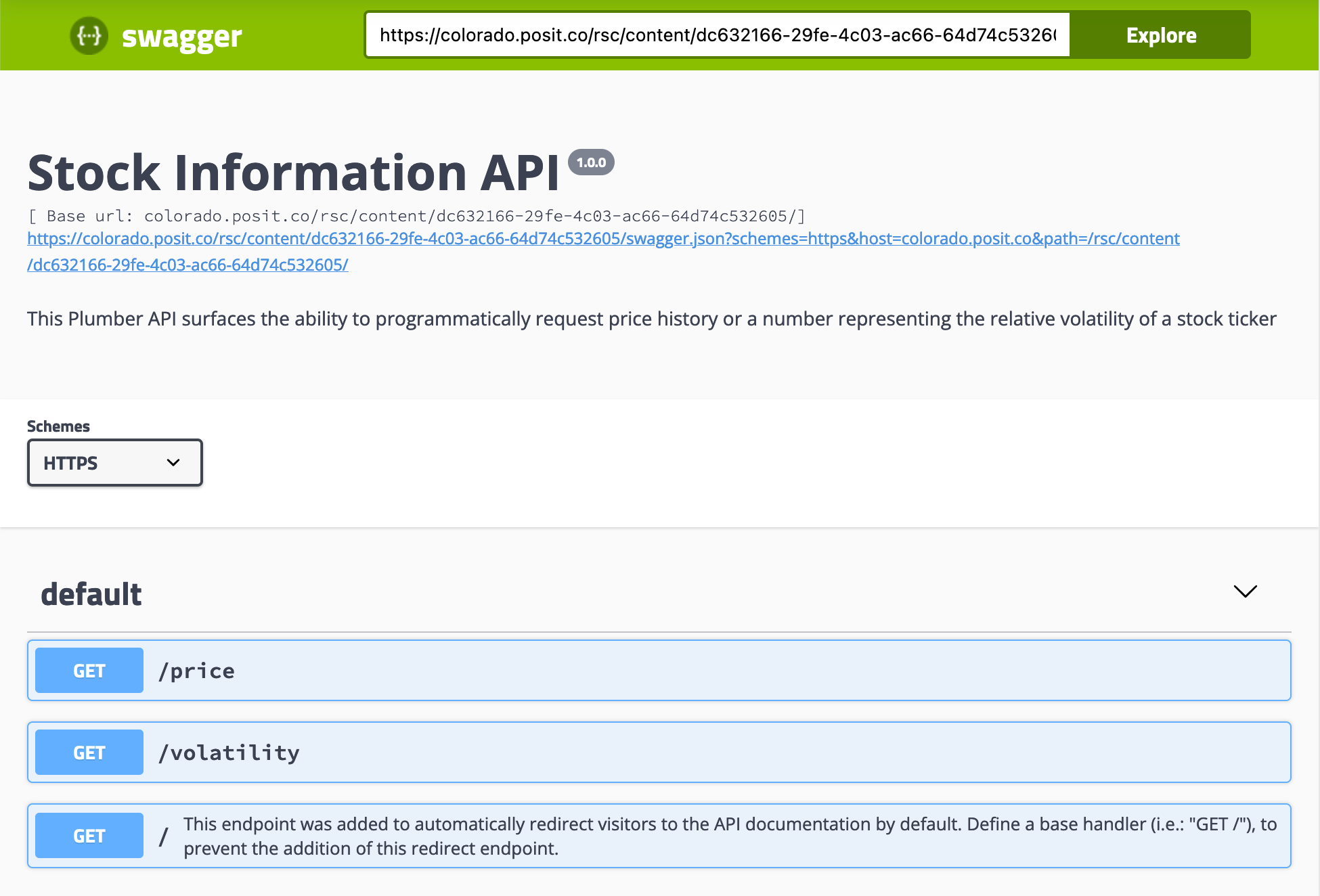 Swagger window displaying the Plumber Example API