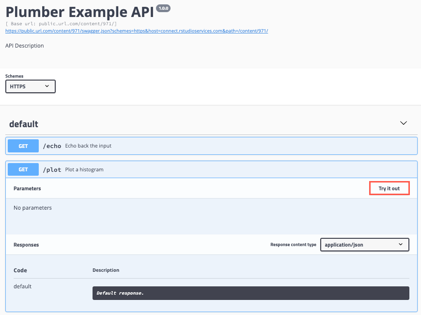 The Try it out button is located in the Parameters section