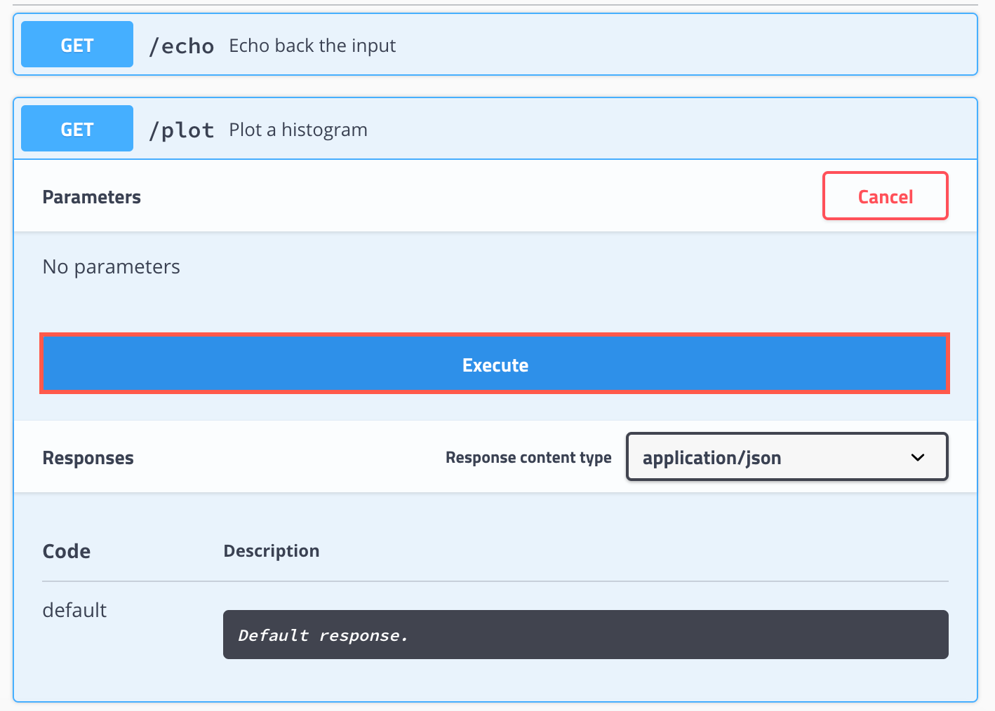 The Execute button displays after you click Try it out and is located in the Parameters section