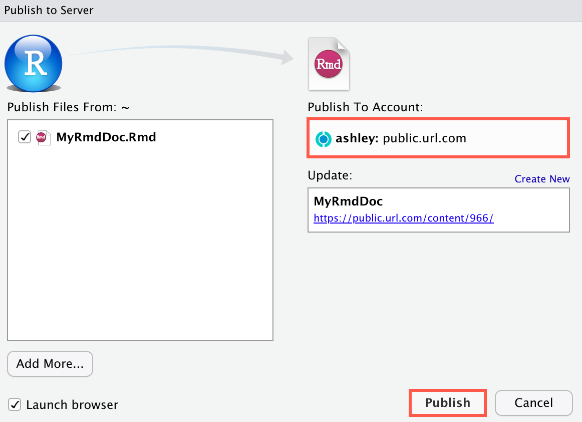 Publish to Server window with user account selected