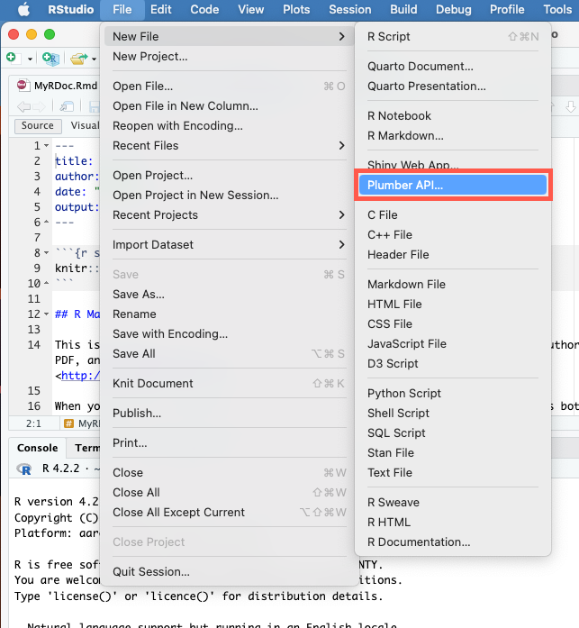 RStudio IDE New File options screen capture