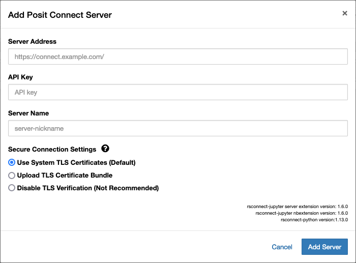 Initial dialog for linking Jupyter to Posit Connect.