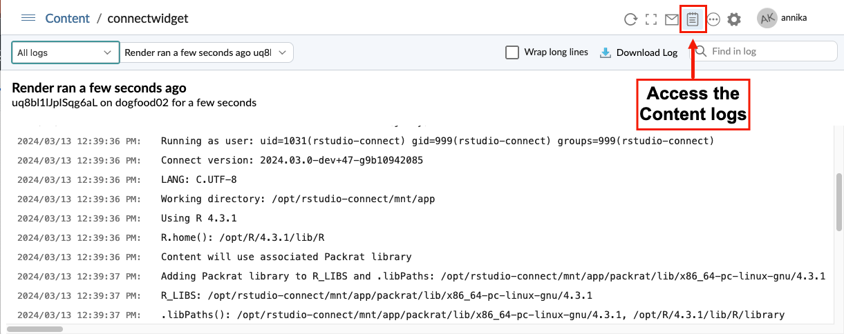 Content Logs Viewer in Posit Connect dashboard.