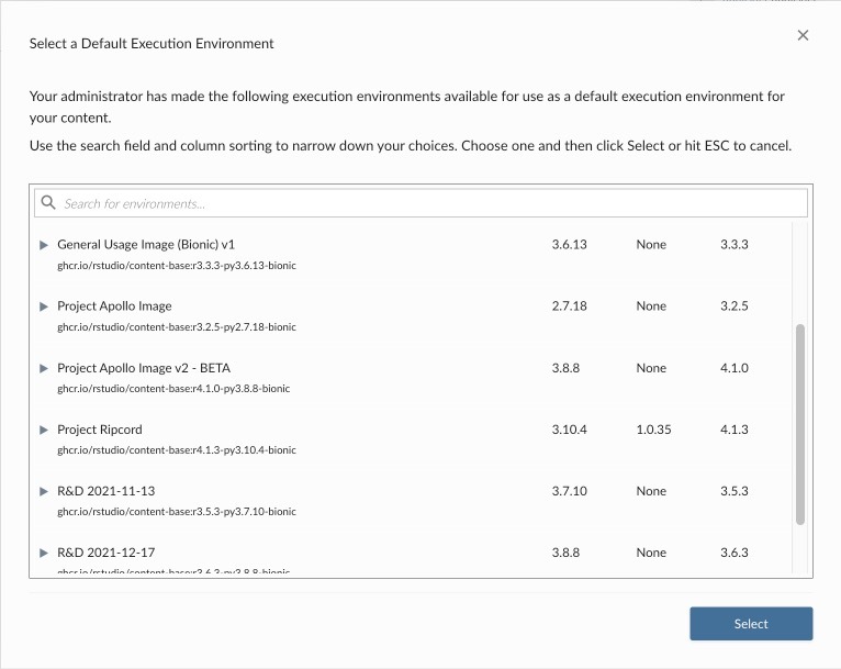 Execution environment selection modal.