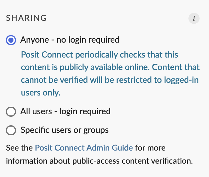 Sharing Settings panel, showing a message that indicates public access is verified.