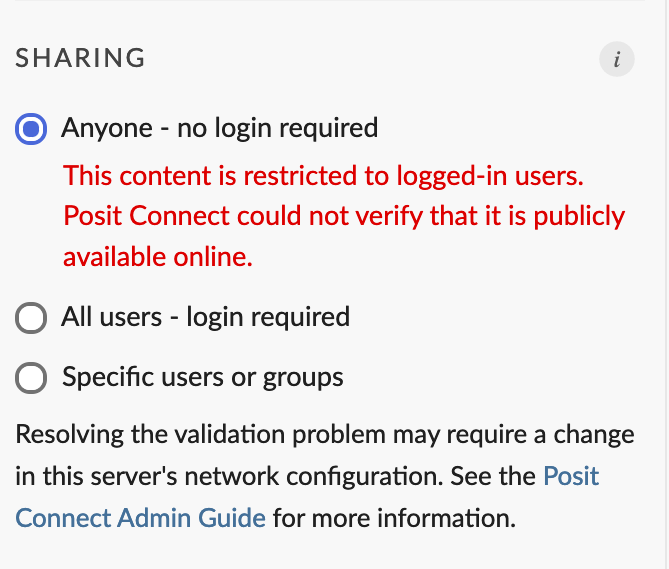 Sharing Settings panel, showing an error message that indicates public access is not verified and access is restricted.
