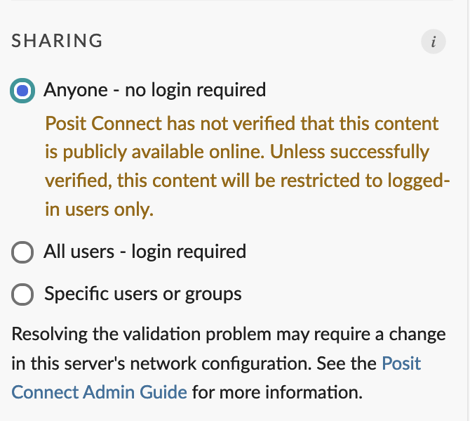 Sharing Settings panel, showing a warning message that indicates public access is not verified.