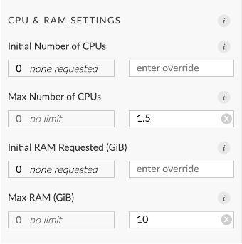 Runtime settings panel CPU & RAM options.