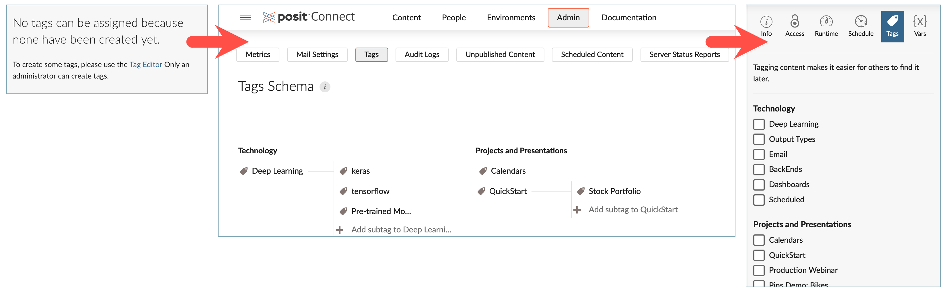 Tags panel options, and overview of Tag Editor for Admins.