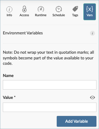 Environment Variables panel options.