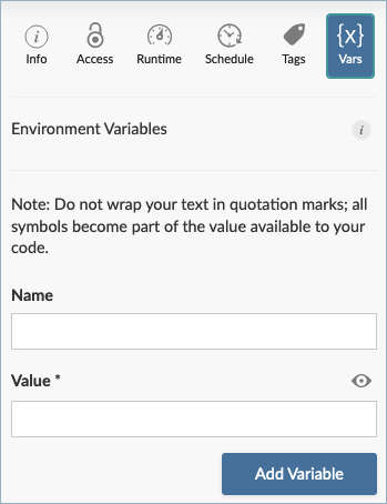 **Environment Variables** panel options.