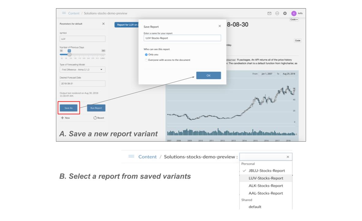 Saving report variants in Parameters panel and selecting from saved variants in upper dropdown.