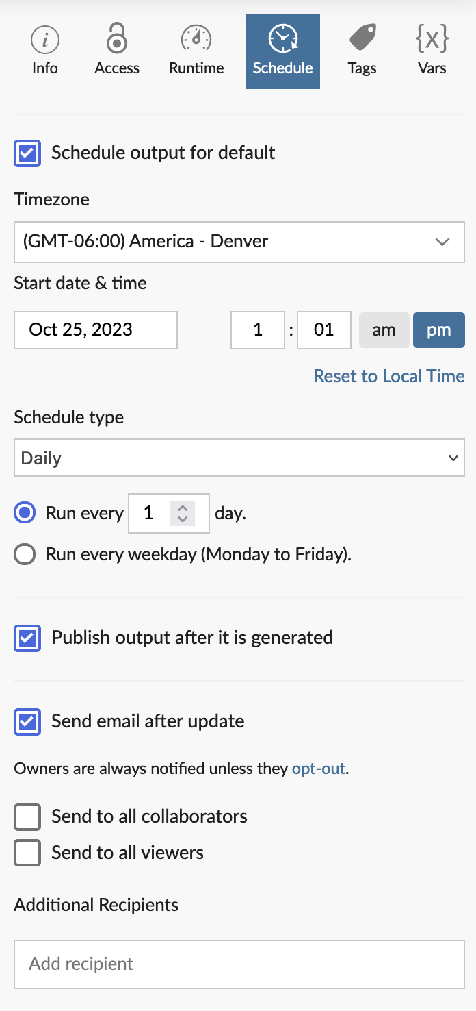 Schedule panel showing all options.