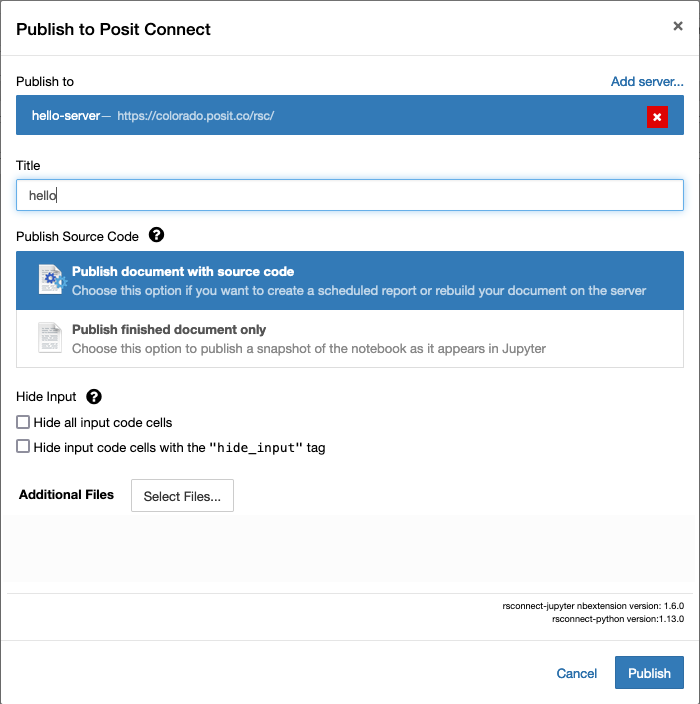 Jupyter dialog for publishing to Posit Connect.