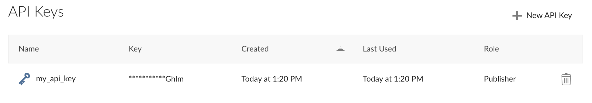 API Key list showing 'my_api_key' and a trash bin icon.