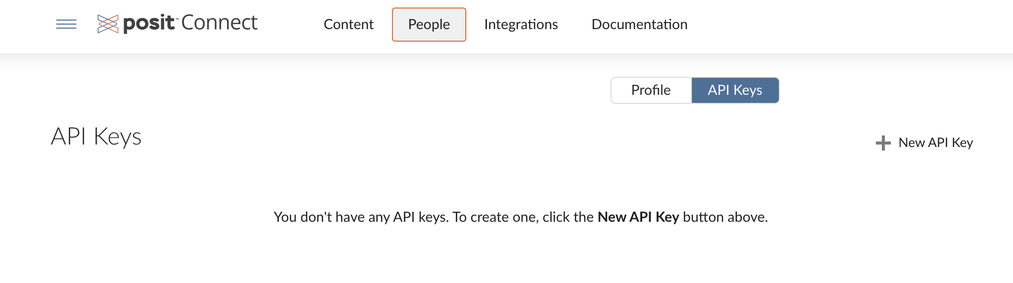 API Keys page showing no API Keys created.