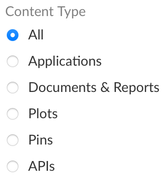 Screenshot of a section titled "Content Type" with radio buttons for "Applications", "Documents & Reports", "Plots", "APIs", and "TensorFlow Model APIs".