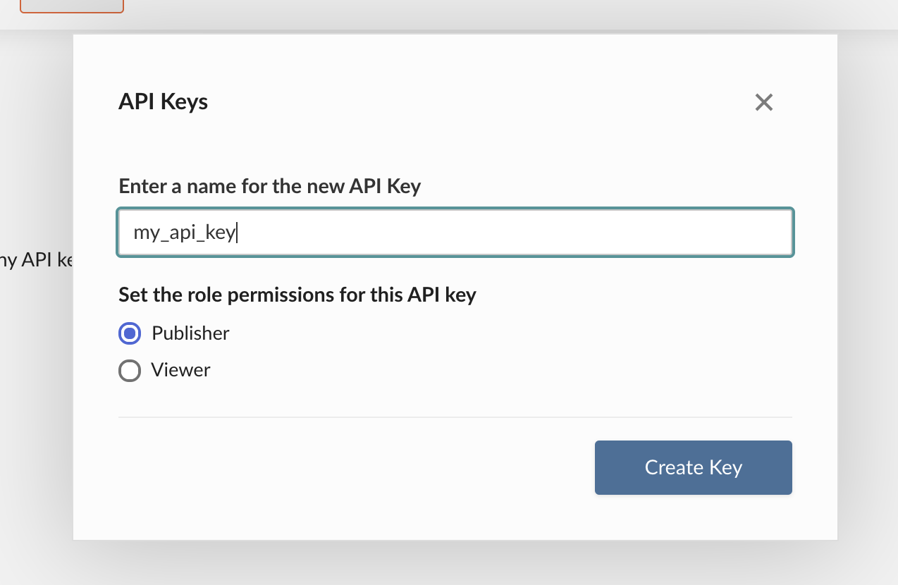 Dialog titled Create API Key with the name 'my_api_key' entered.