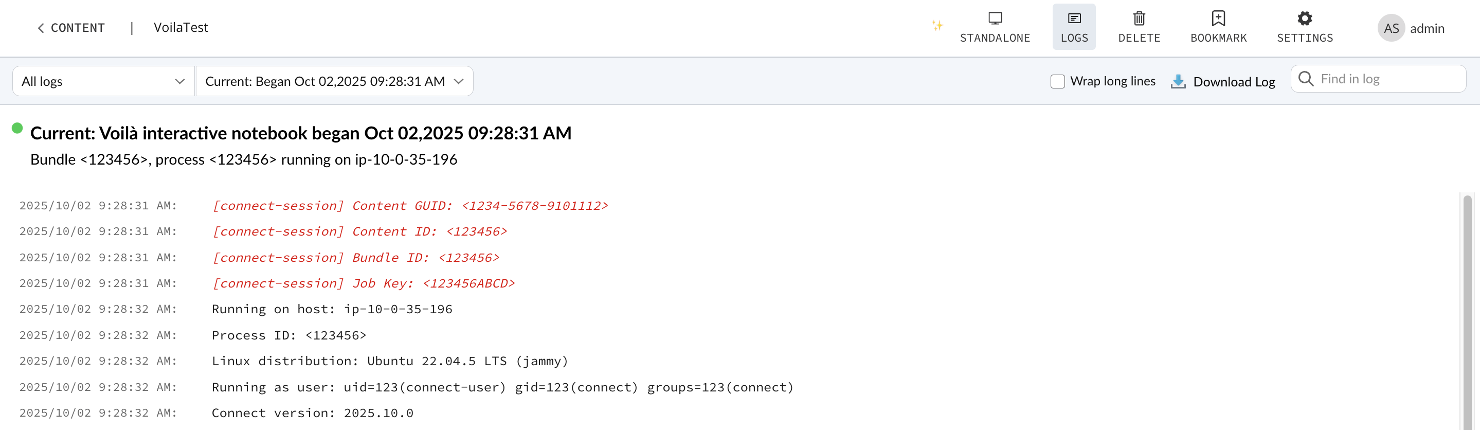 A screenshot of the Logs pane in Connect content.