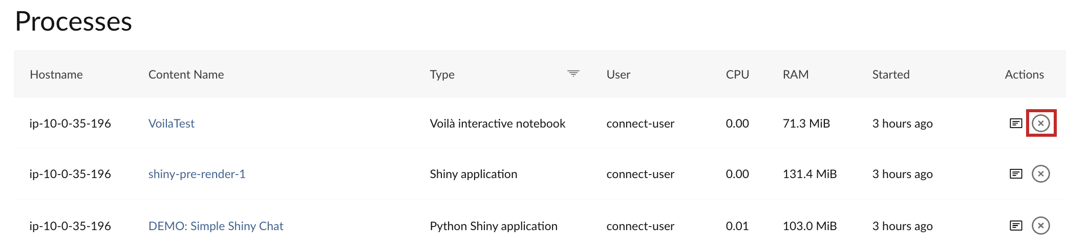 A screenshot of the Processes tab in the Connect UI with the Kill Process option in a red box.