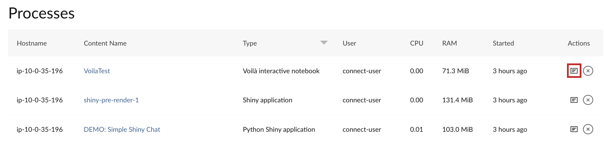 A screenshot of the Processes tab in the Connect UI with the View Log option in a red box.