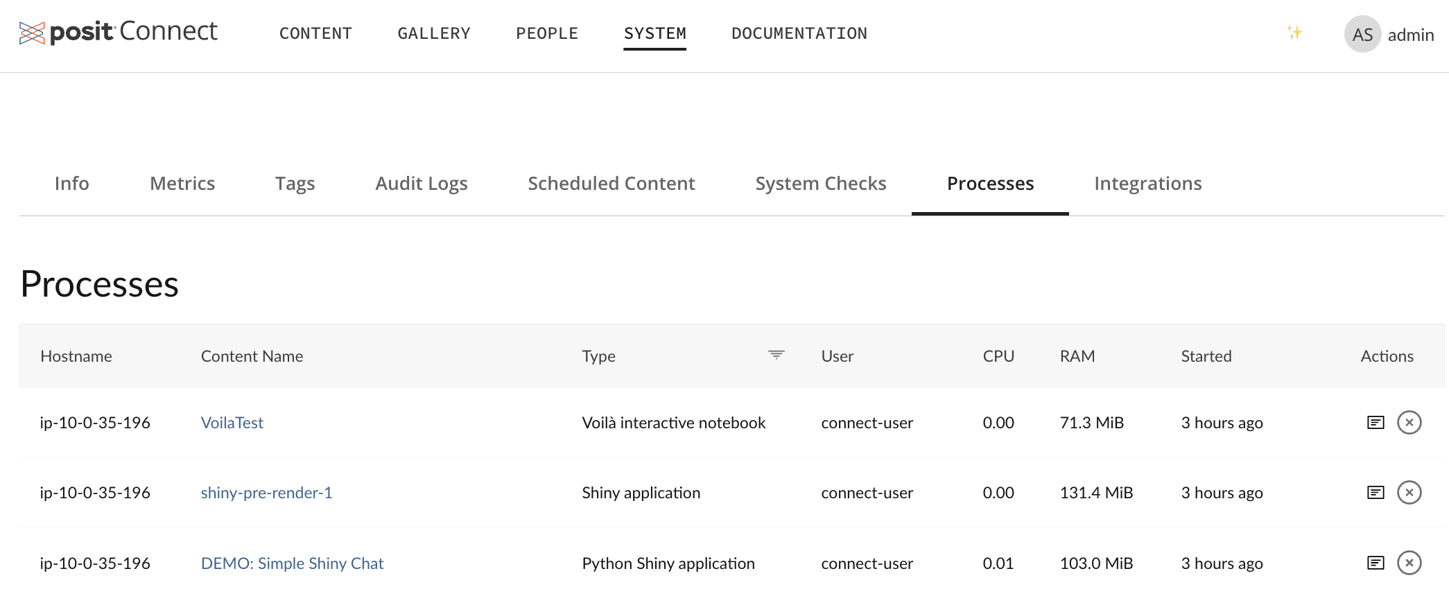 A screenshot of the Processes tab in the Connect UI
