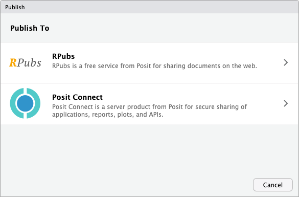 RStudio dialog to publish to RPubs or Connect.