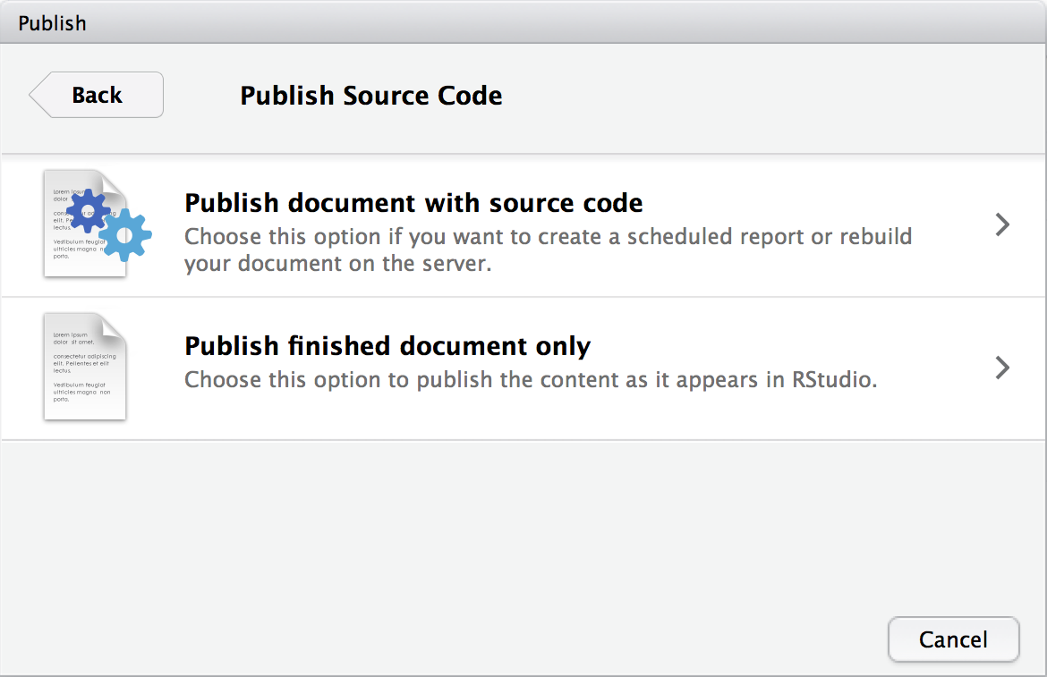 RStudio dialog to publish source code.