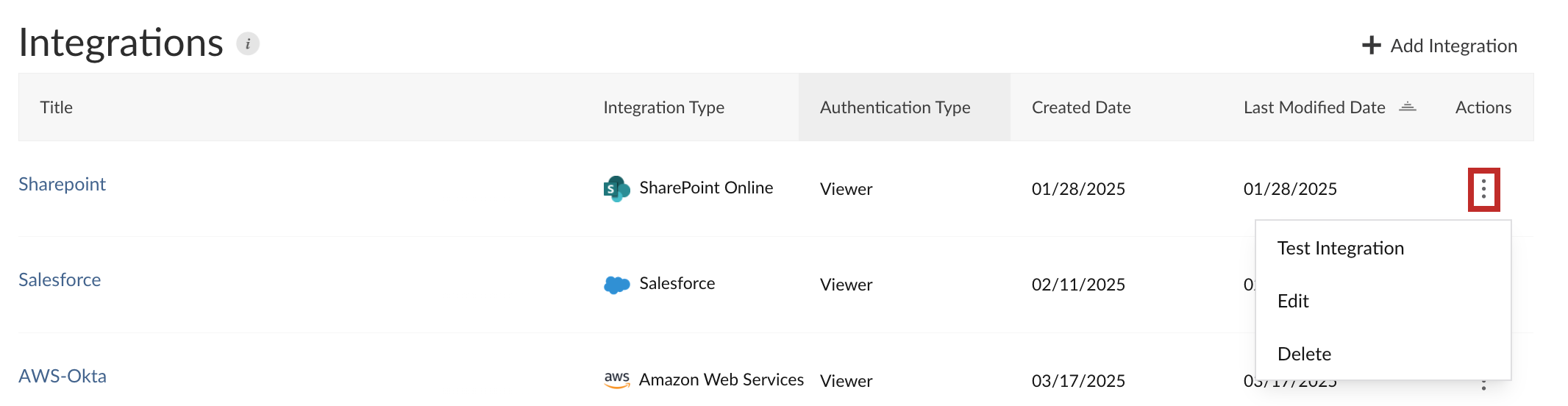 A screenshot of the Integrations tab in the Connect UI with a red box around the Actions menu