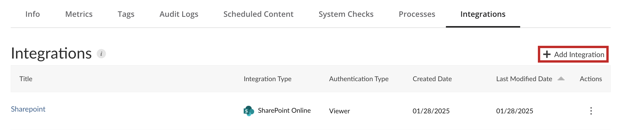 A screenshot of the Integrations tab in the Connect UI with a red box around the Add Integrations option.