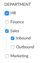 A screenshot of a 'Department' tag category with 'HR' and 'Sales' selected at the first level and 'Inbound' selected beneath 'Sales'.