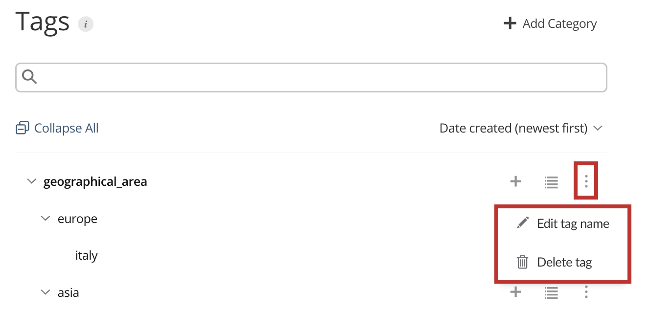 A screenshot of the tags tab in the Connect UI with the Edit/Delete option outlined in a red box.