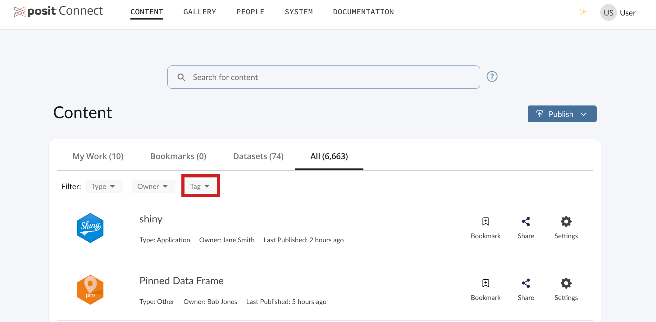A screenshot of the Content page with a red box around the tag filter option.