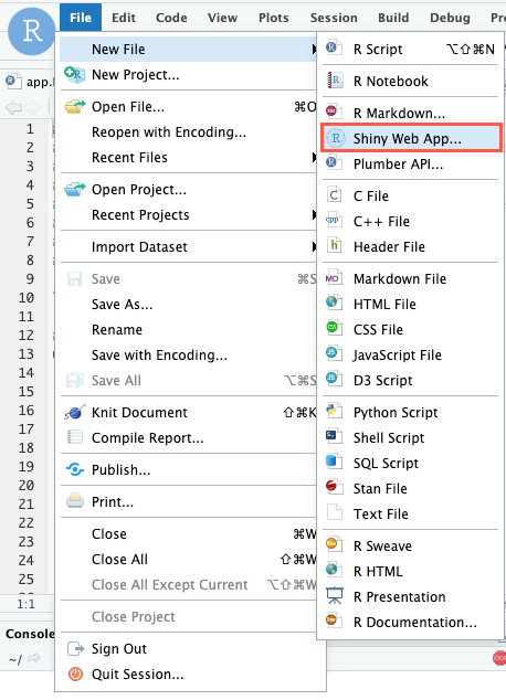 Screen capture of the RStudio IDE New File options