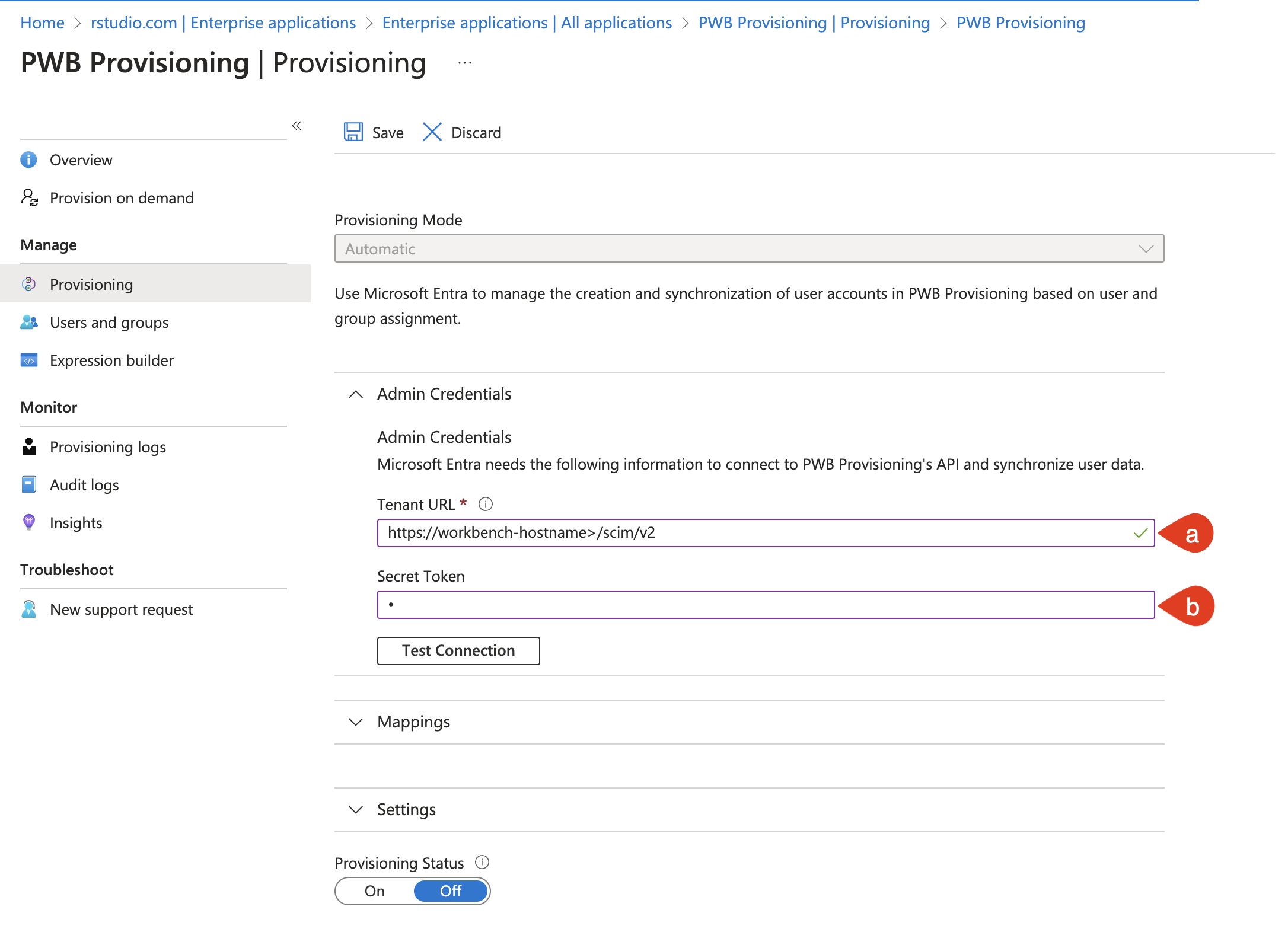 Screenshot of the Provisioning blade with the Admin Credentials section expanded and the Tenant URL and Secret Token fields highlighted.
