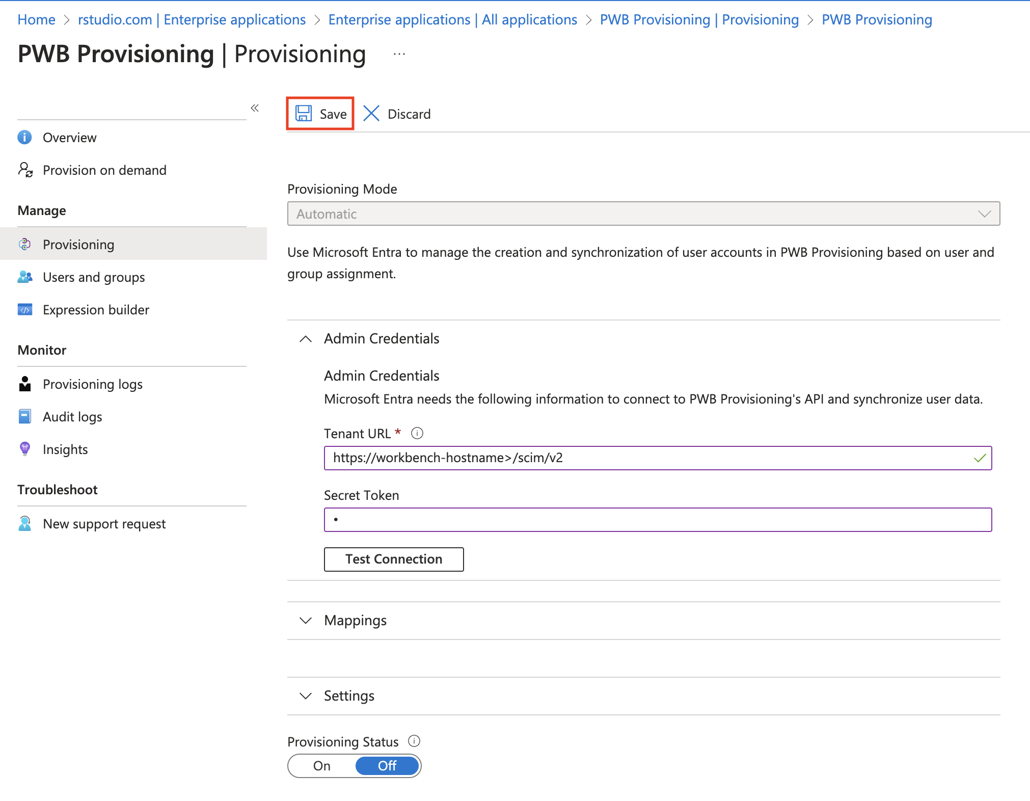 Screenshot of the Provisioning blade with the Save button highlighted.
