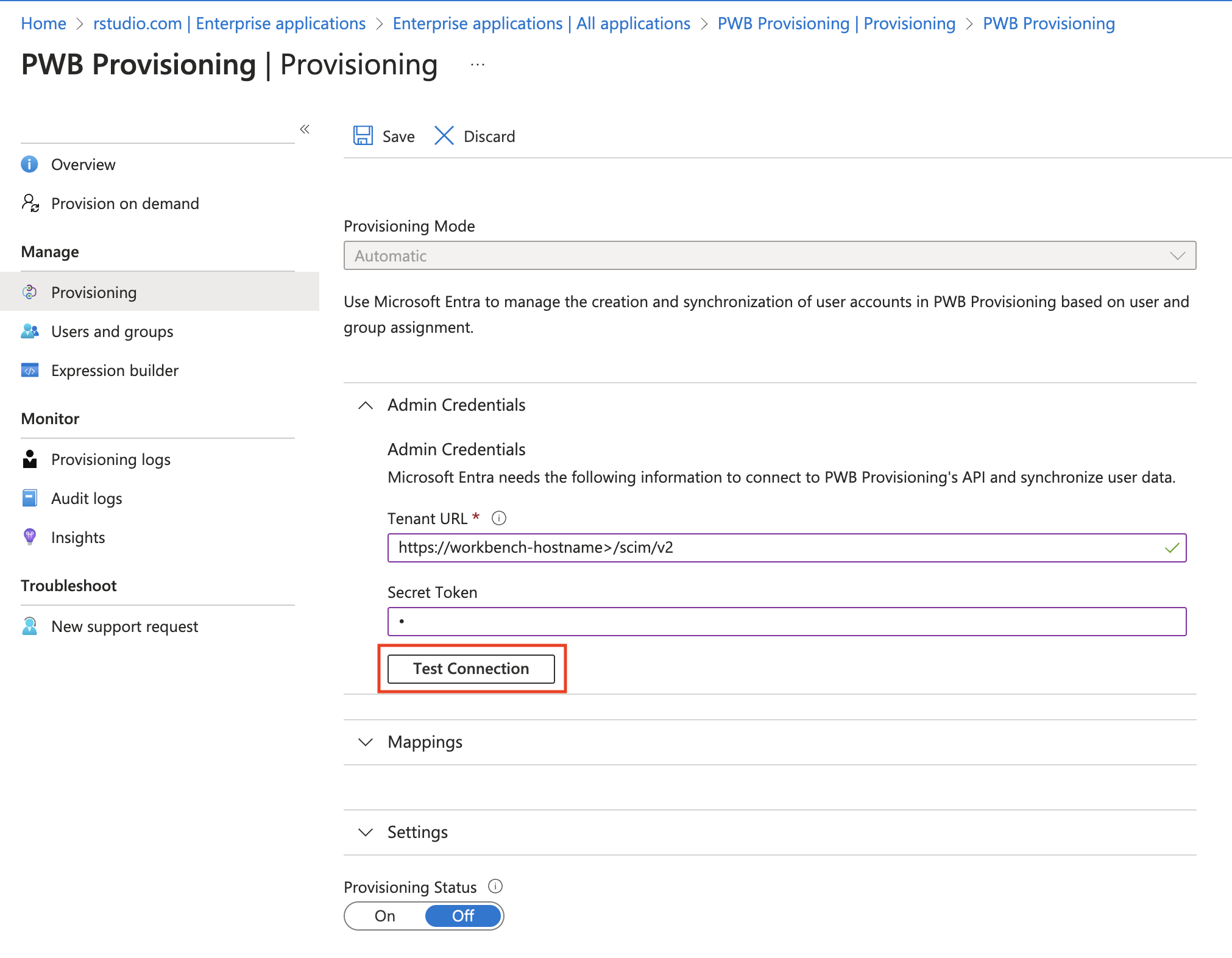 Screenshot of the Provisioning blade with the Admin Credentials section expanded and the Test Connection button highlighted.
