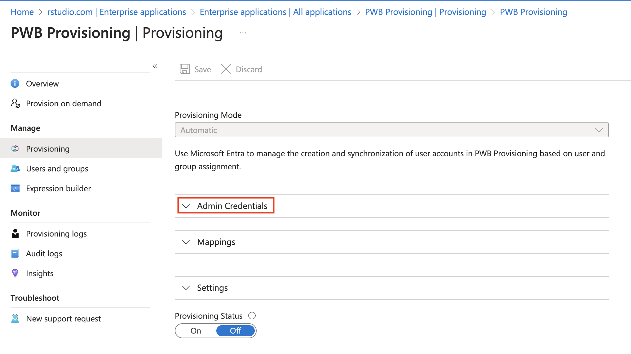 Screenshot of the Provisioning blade with the Admin Credentials section highlighted.