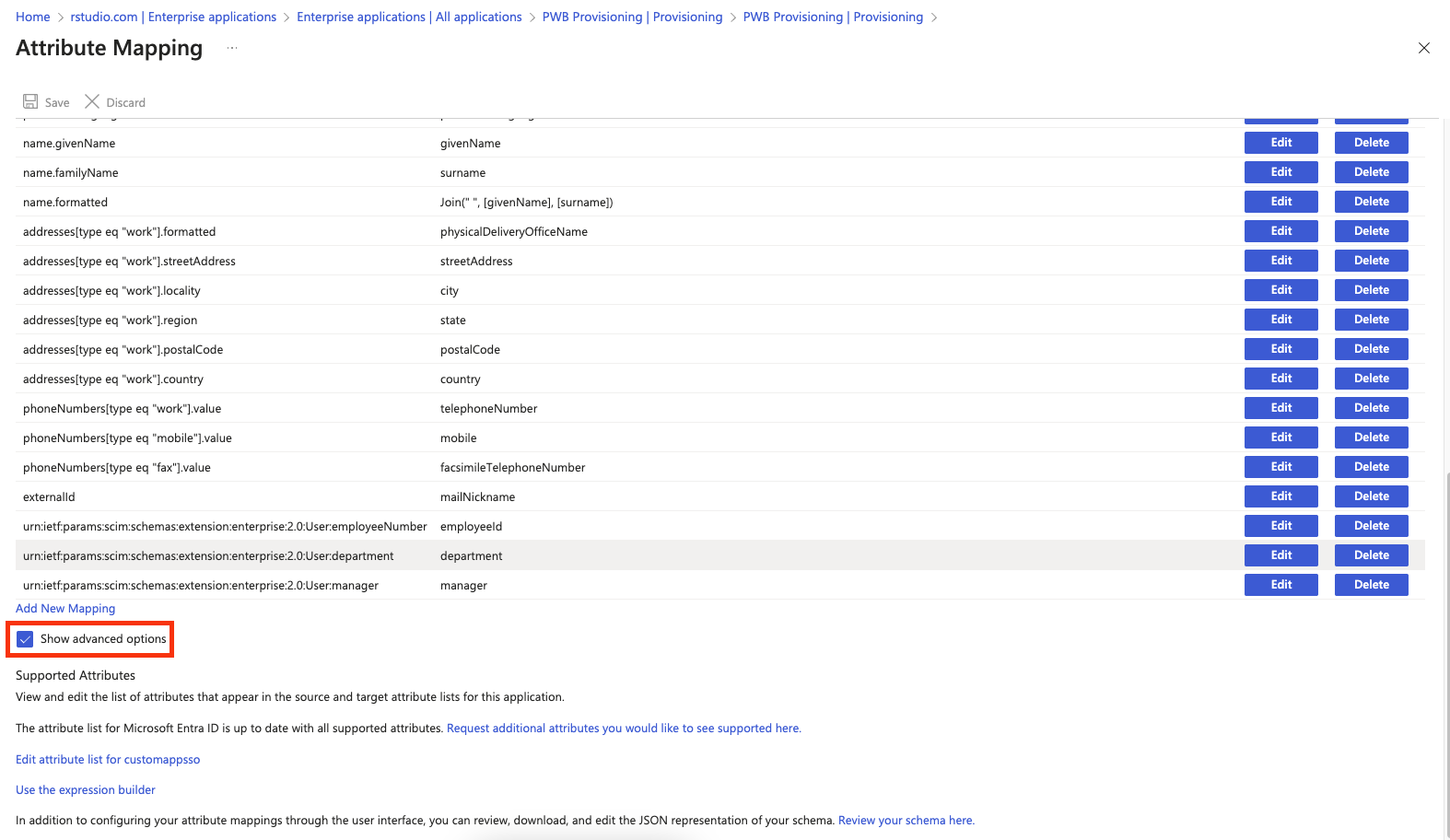 Screenshot of the Attribute Mapping blade with the Show advanced options check box selected.