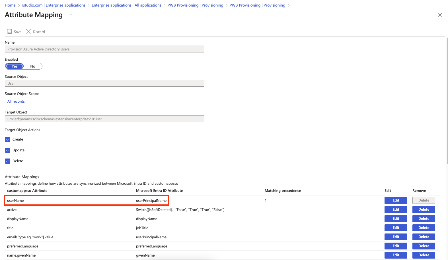 Screenshot of the Attribute Mapping blade with the userPrincipalName attribute from Microsoft Entra ID mapped to the userName attribute in your application.