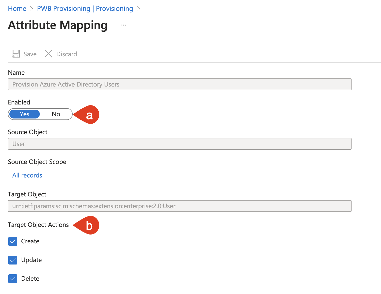 Screenshot of the Attribute Mapping blade with the Enabled toggle button and the Target Object Actions section highlighted.